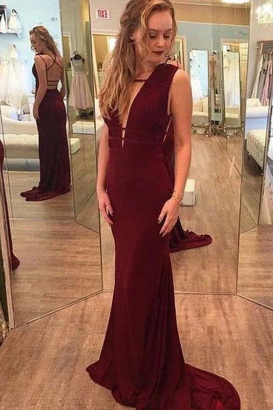 AerbaDress Evening Dresses Spandex V Neck With Ruffles Mermaid Sweep Train