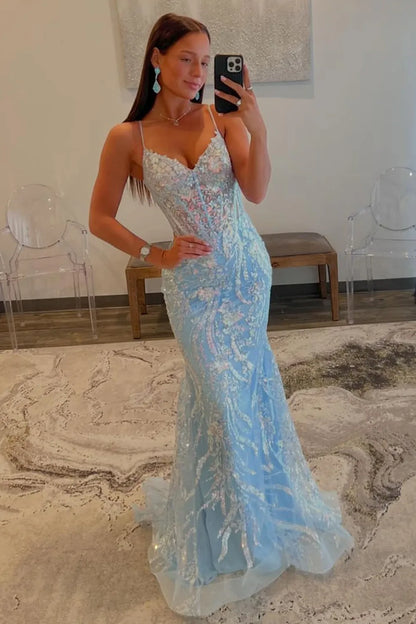 AerbaDress Sparkly Mermaid Spaghetti Straps Long Prom Dress With Sequin