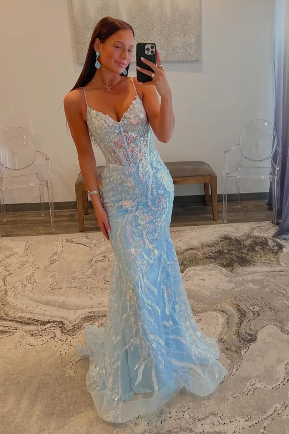 AerbaDress Sparkly Mermaid Spaghetti Straps Long Prom Dress With Sequin