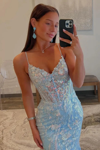 AerbaDress Sparkly Mermaid Spaghetti Straps Long Prom Dress With Sequin