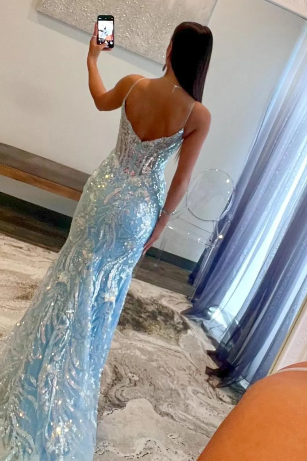 AerbaDress Sparkly Mermaid Spaghetti Straps Long Prom Dress With Sequin