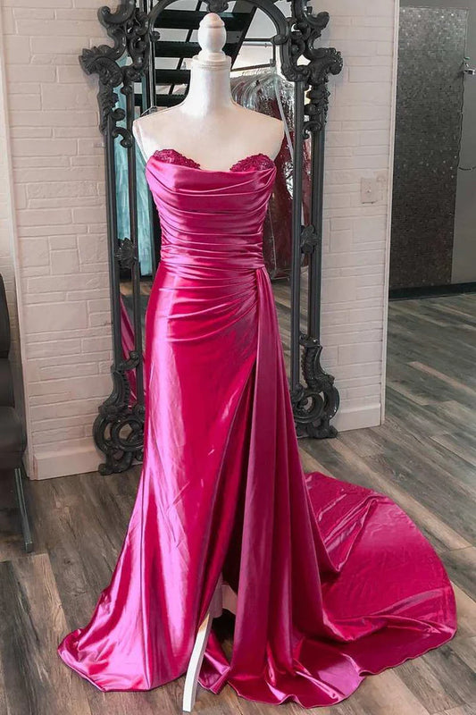 DingJiDress Mermaid Sweetheart Satin Split Prom Dresses with Attached Train
