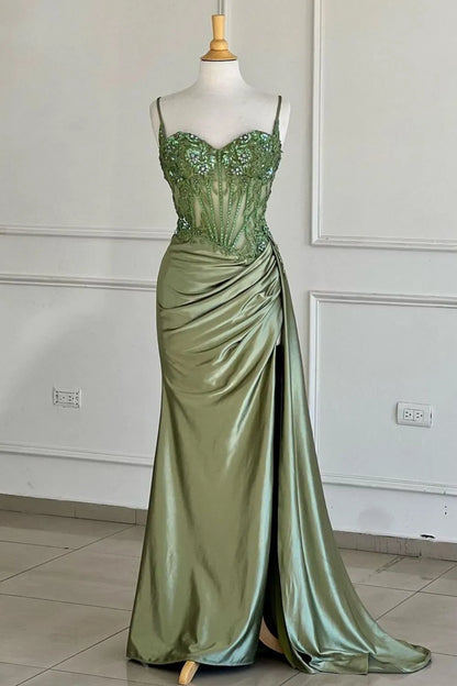 AerbaDress Prom Dress Stunning Mermaid Spaghetti Straps Glitter with High Slit