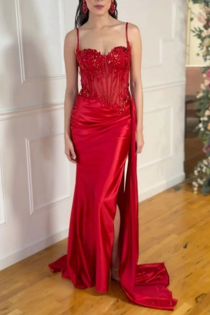 AerbaDress Prom Dress Stunning Mermaid Spaghetti Straps Glitter with High Slit