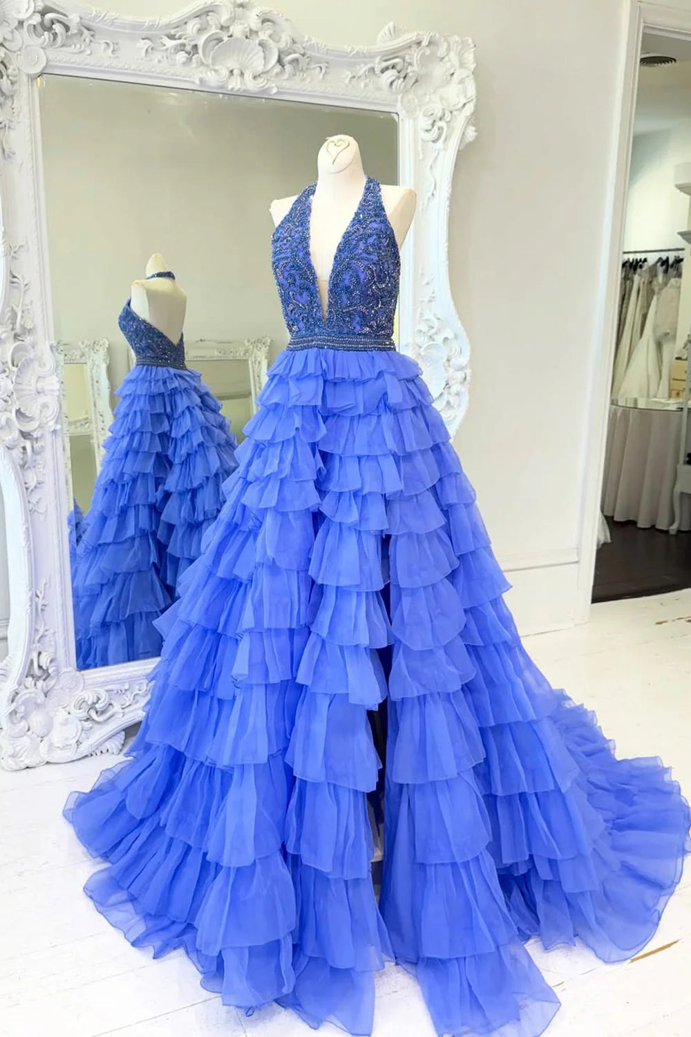 Stunning A Line Halter Sleeveless Ruffled Periwinkle Party Dress