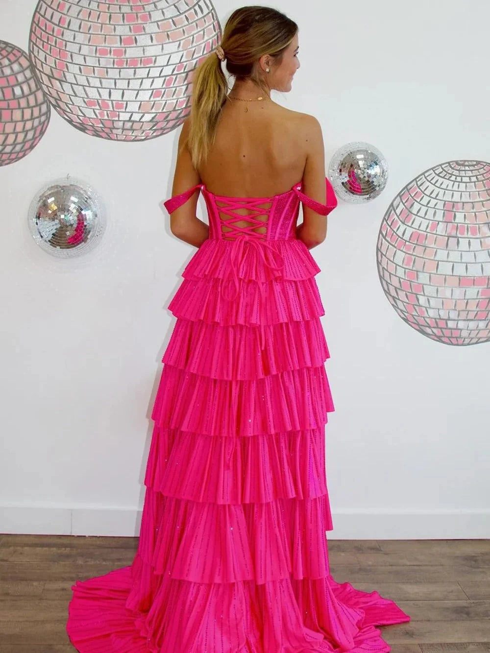 Stunning A Line Sweetheart Off-Should Hot Pink Floor-Length Prom Dress