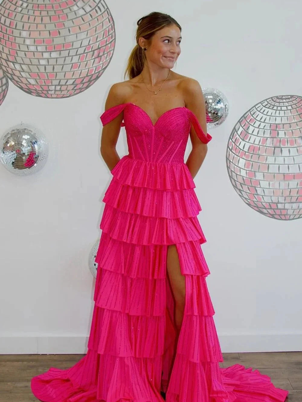 Stunning A Line Sweetheart Off-Should Hot Pink Floor-Length Prom Dress