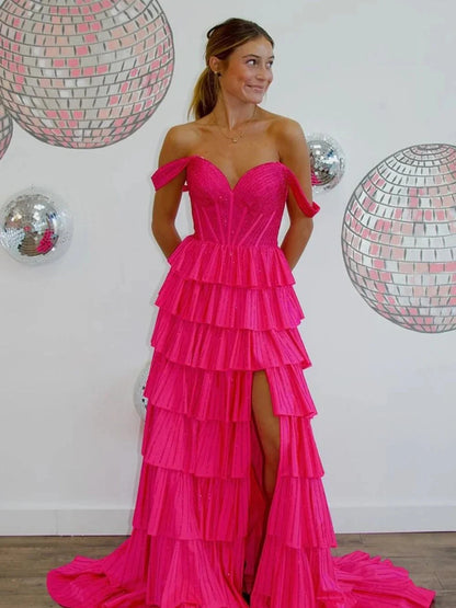 Stunning A Line Sweetheart Off-Should Hot Pink Floor-Length Prom Dress