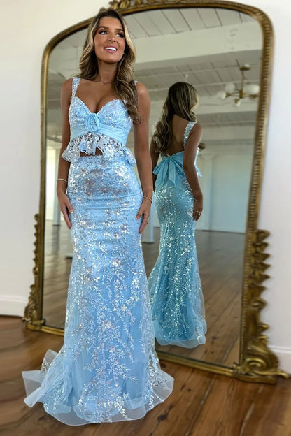Stunning Mermaid Spaghetti Strap Sequin Light Blue Prom Dress