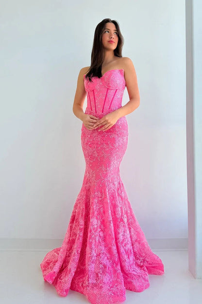 Stunning Mermaid Sweetheart Glitter Hot Pink Floor-Length Prom Dress