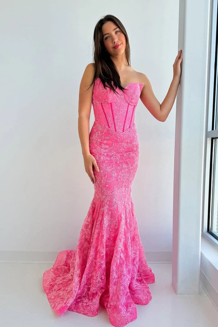 Stunning Mermaid Sweetheart Glitter Hot Pink Floor-Length Prom Dress