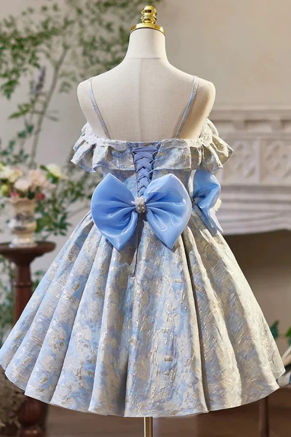 Sweet A-Line Off-the-Shoulder Bow-Adorned Light Blue Jacquard Homecoming Dresses