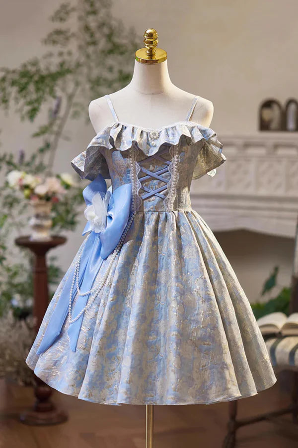 Sweet A-Line Off-the-Shoulder Bow-Adorned Light Blue Jacquard Homecoming Dresses