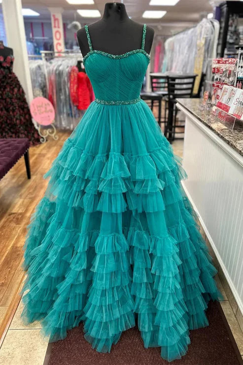 AerbaDress Fashion Tiered Prom Dresses Ruffle Tulle Prom Dress Beaded Evening Dresses