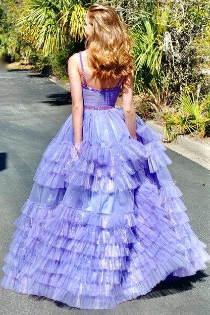 AerbaDress Fashion Tiered Ruffle Tulle Prom Dress Beaded Evening Dresses