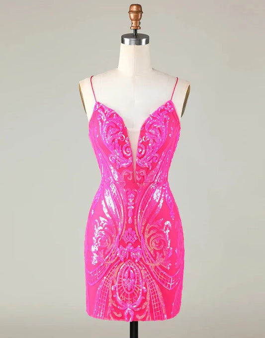 AerbaDress Sparkly Hot Pink Spaghetti Straps Tight Sequins Homecoming Dress