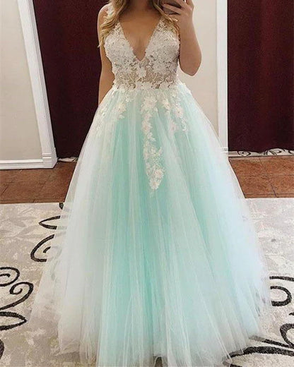 DingJiDress Evening Dresses Tulle V Neck Prom Dresses With Floral