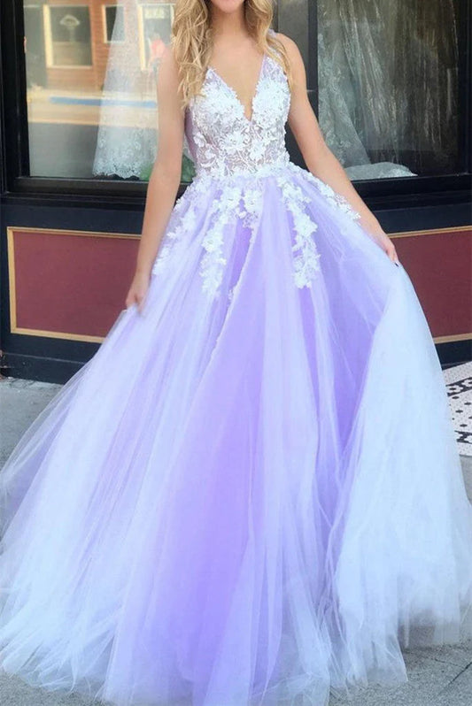 DingJiDress Evening Dresses Tulle V Neck Prom Dresses With Floral