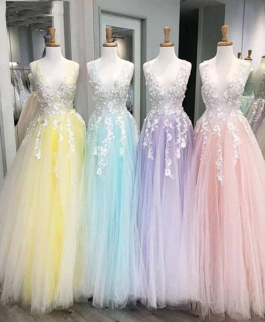 DingJiDress Evening Dresses Tulle V Neck Prom Dresses With Floral