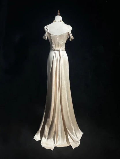Vintage Mermaid Off-Shoulder Draped Champagne Satin Long Evening Dresses