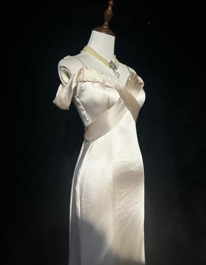 Vintage Mermaid Off-Shoulder Draped Champagne Satin Long Evening Dresses