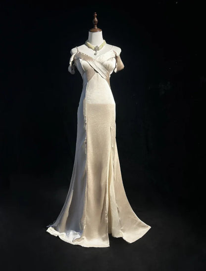 Vintage Mermaid Off-Shoulder Draped Champagne Satin Long Evening Dresses