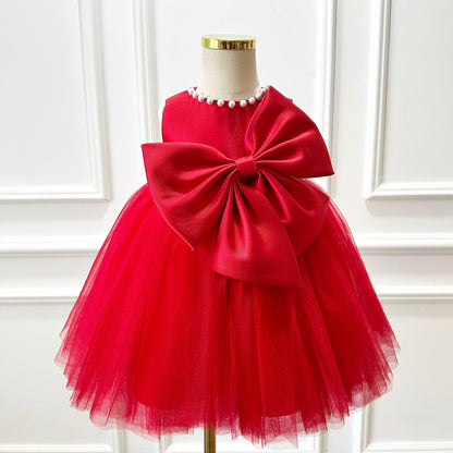 WEDDING FLOWER GIRL DRESS GIRLS BOW DRESS BABY GIRL ONE YEAR OLD PRINCESS DRESS RED BIRTHDAY PARTY DRESS Princess Dress