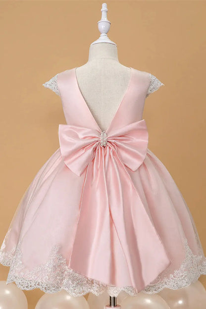Wedding Flower Girl Dress A-Line Crew Neck Cap Sleeve with Lace Appliques Beadwork Belt V Back Bow Cute Girl Communion Formal Dress Princess Dress