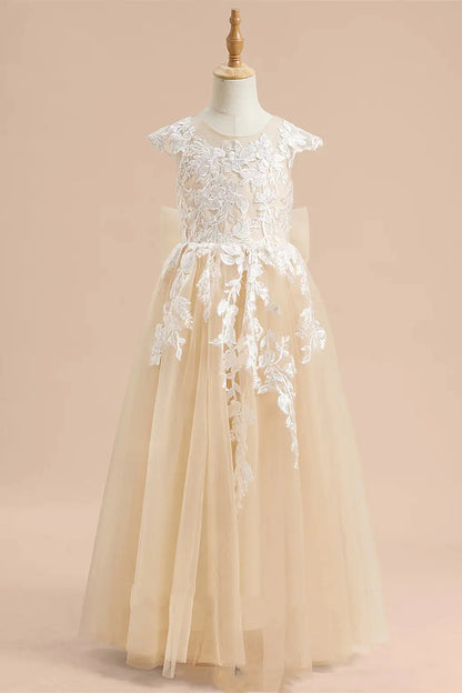 Wedding Flower Girl Dress A-Line Crew Neck Flying Cap Sleeves Lace Applique back Bow Exquisite Girl Communion Formal Dress Princess Dress