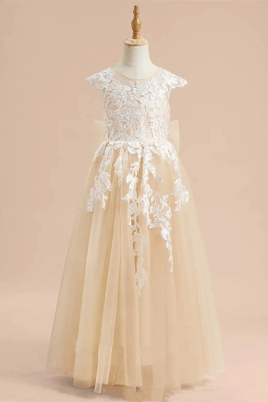 Wedding Flower Girl Dress A-Line Crew Neck Flying Cap Sleeves Lace Applique back Bow Exquisite Girl Communion Formal Dress Princess Dress
