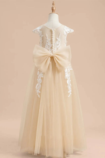 Wedding Flower Girl Dress A-Line Crew Neck Flying Cap Sleeves Lace Applique back Bow Exquisite Girl Communion Formal Dress Princess Dress