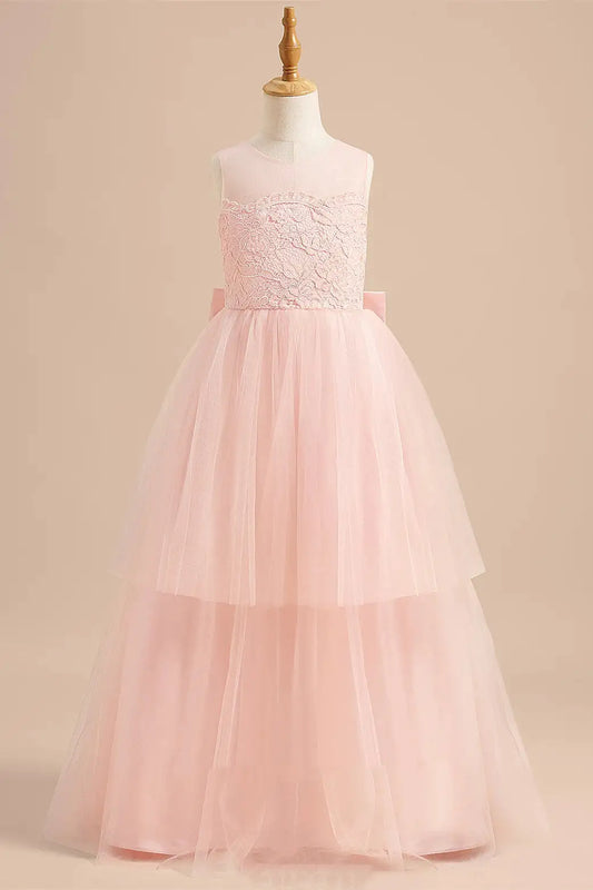 Wedding Flower Girl Dress A-Line Crew Neck Lace Top Layered Tulle Back Bow Elegant Girl Communion Formal Dress Princess Dress