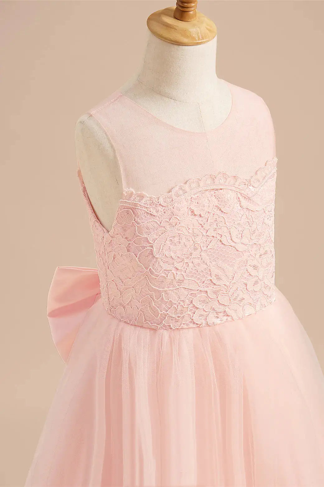 Wedding Flower Girl Dress A-Line Crew Neck Lace Top Layered Tulle Back Bow Elegant Girl Communion Formal Dress Princess Dress