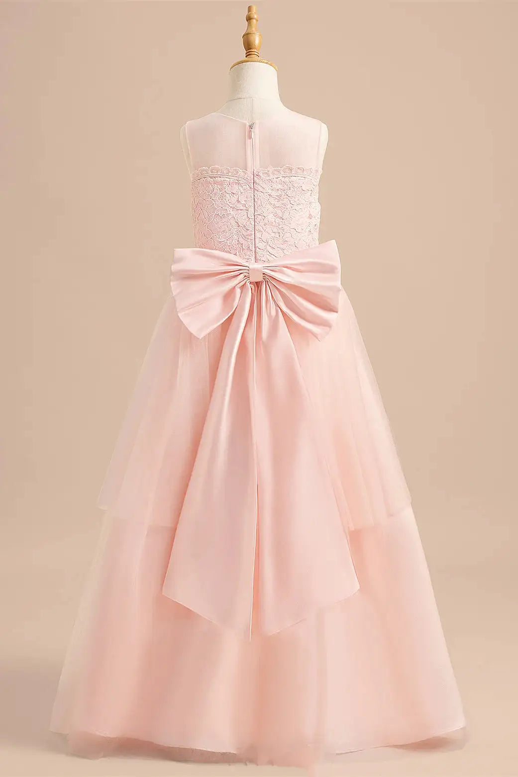 Wedding Flower Girl Dress A-Line Crew Neck Lace Top Layered Tulle Back Bow Elegant Girl Communion Formal Dress Princess Dress