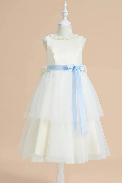 Wedding Flower Girl Dress A-Line Cute Beaded Crew Neck Tiered Tulle Elegant Girl Communion Formal Dress Princess Dress