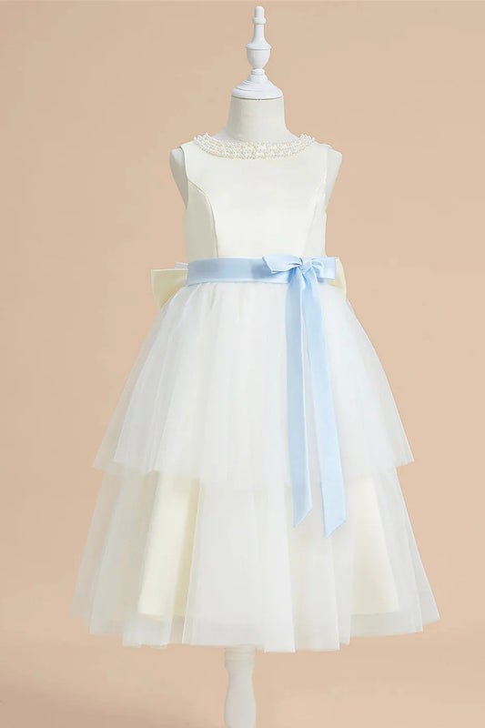 Wedding Flower Girl Dress A-Line Cute Beaded Crew Neck Tiered Tulle Elegant Girl Communion Formal Dress Princess Dress