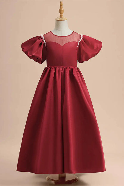 Wedding Flower Girl Dress A-Line Illusion Crew Neck Beadwork Exquisite Red Party Dress Girl Communion Formal Dress Princess Dress