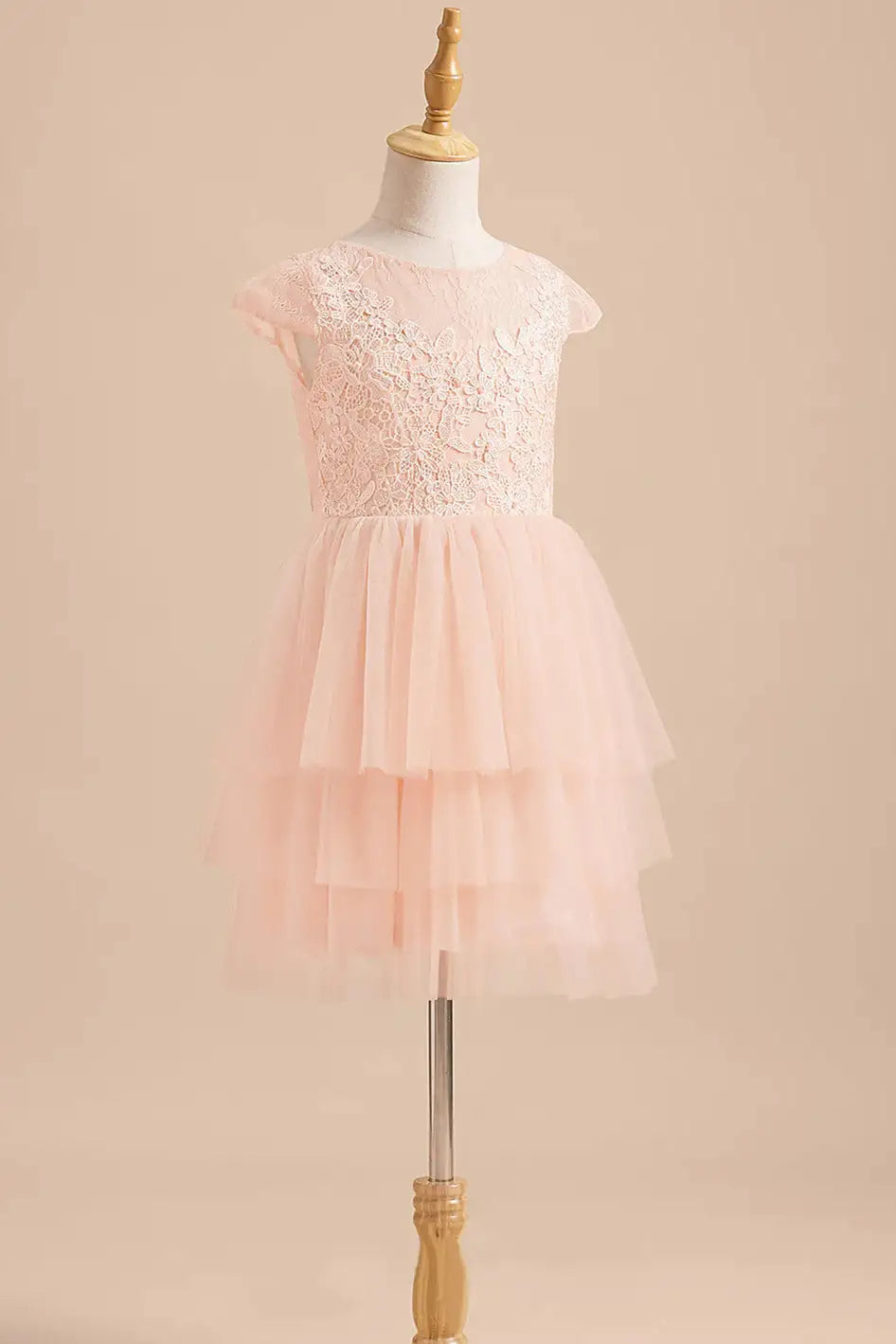 Wedding Flower Girl Dress A-Line Round Neck Cap Sleeve Lace Layered Tulle Cute Girl Communion Formal Dress Princess Dress