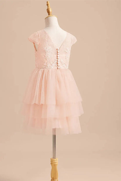 Wedding Flower Girl Dress A-Line Round Neck Cap Sleeve Lace Layered Tulle Cute Girl Communion Formal Dress Princess Dress