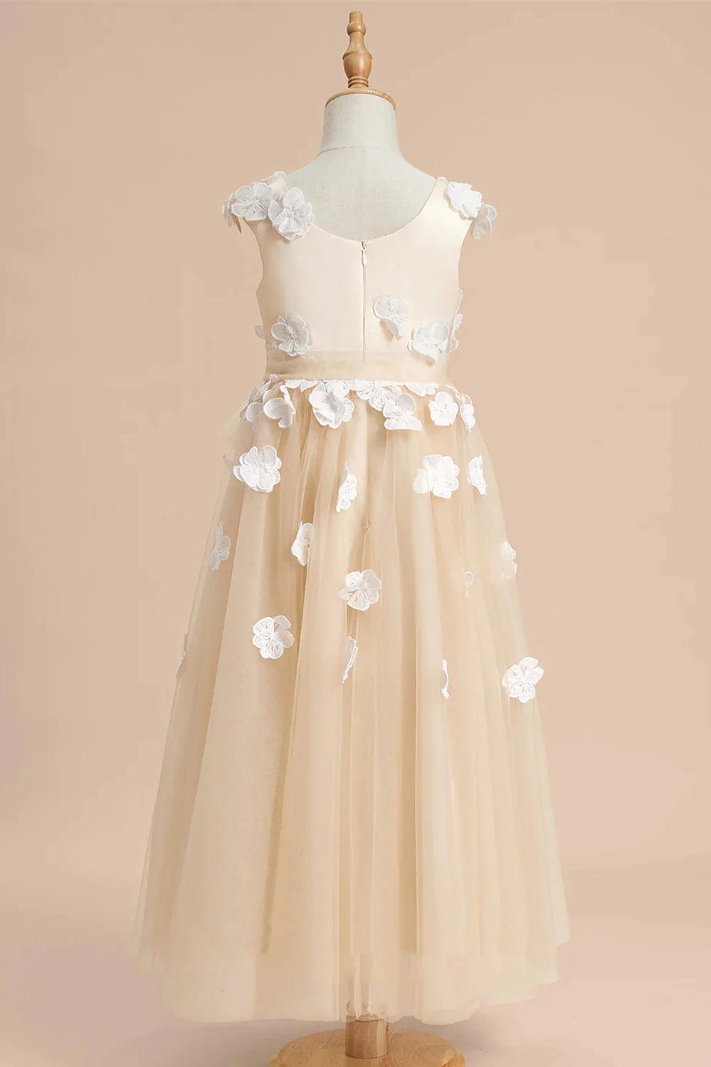 Wedding Flower Girl Dress A-Line Round Neck Sleeveless Champagne 3D Flower Tea Length Tulle Fantastic Girl Communion Formal Dress Princess Dress