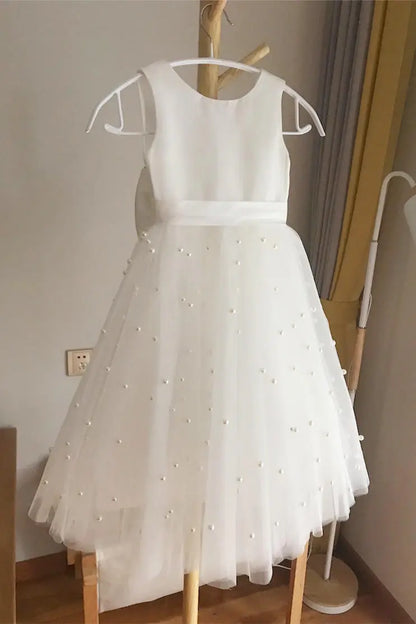 Wedding Flower Girl Dress A-Line Round Neck Sleeveless Girl Party Dress with Pearls Girl Communion Formal Dress Princess Dress