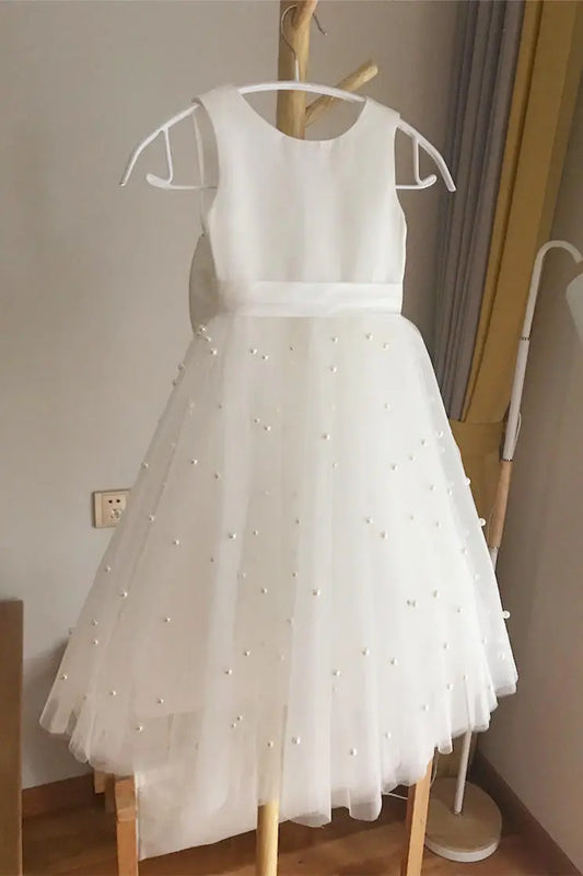 Wedding Flower Girl Dress A-Line Round Neck Sleeveless Girl Party Dress with Pearls Girl Communion Formal Dress Princess Dress