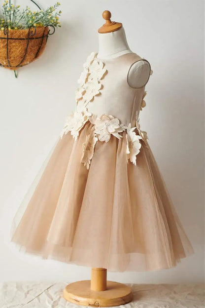 Wedding Flower Girl Dress A-Line Round Neck Sleeveless with Beautiful Flowers Elegant Girl Communion Formal Dress Princess Dress