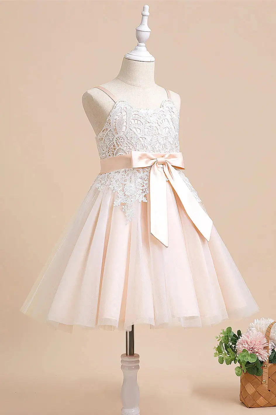 Wedding Flower Girl Dress A-Line Spaghetti Strap Lace Applique Top with BeltGirl Elegant Girl Communion Formal Dress Princess Dress