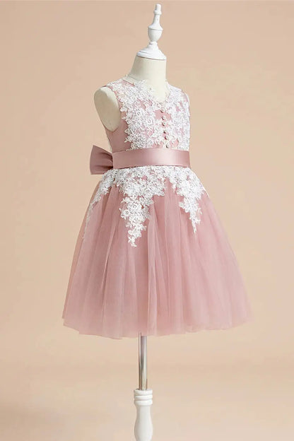 Wedding Flower Girl Dress A-Line V-Neck Sleeveless Retro Lace Appliques Cute Girl Party Dress Girl Communion Formal Dress Princess Dress