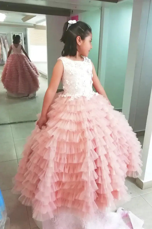 Wedding Flower Girl Dress A-line Round Neck Sleeveless Cascading Ruffles Gorgeous Girl Communion Formal Dress Princess Dress