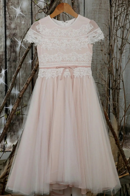 Wedding Flower Girl Dress A Line Crew Neck Cap Sleeve Lace Applique with Sash Retro Long Girl Communion Formal Dress Princess Dress