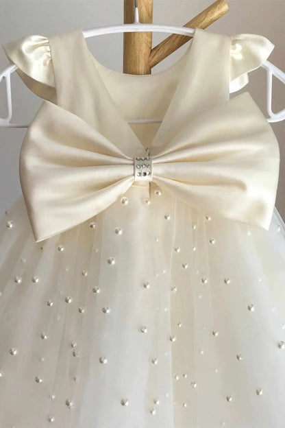 Wedding Flower Girl Dress A Line Crew Neck Flying Sleeves V-Back Bow with Pearls Cute Girl Communion Formal Dress Princess Dress