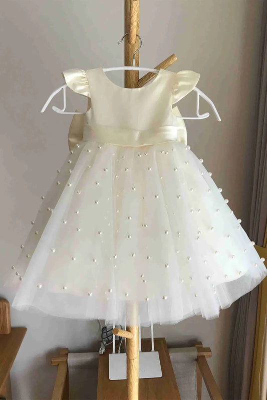 Wedding Flower Girl Dress A Line Crew Neck Flying Sleeves V-Back Bow with Pearls Cute Girl Communion Formal Dress Princess Dress