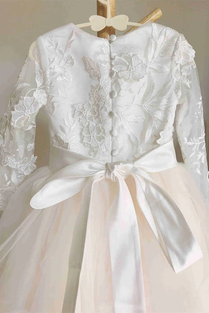 Wedding Flower Girl Dress A Line Crew Neck Long Sleeves with Appliques Layering Ruched Elegant Girl Communion Formal Dress Princess Dress